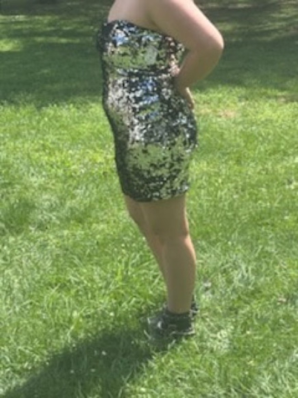 Sequined Strapless Mini Dress - Silver/black